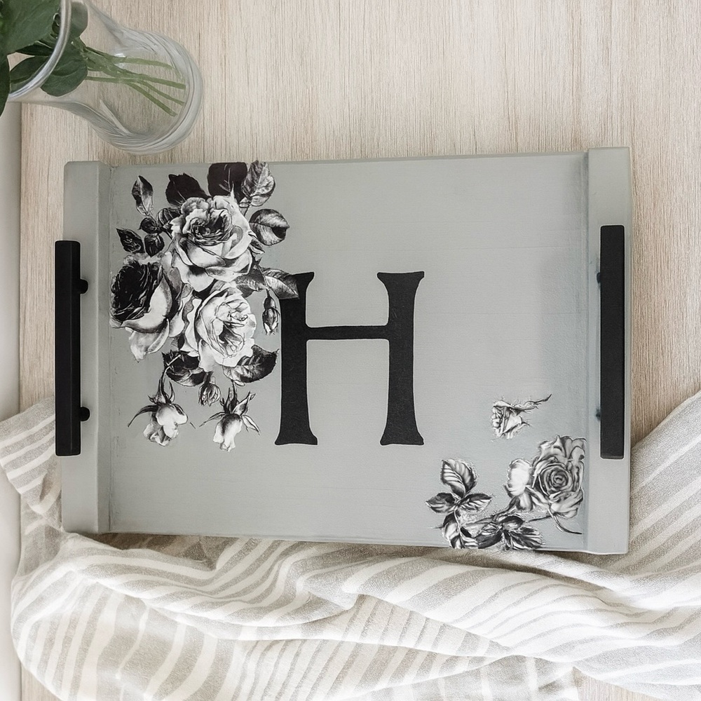 Gray Floral Monogram Tray
